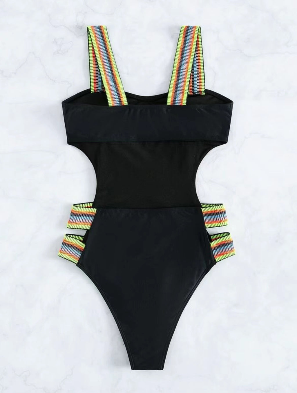 Women's One-Piece Swimsuit with Colorful Elastic Band - Black & Blue Solid Color Foreign Trade Swimwear