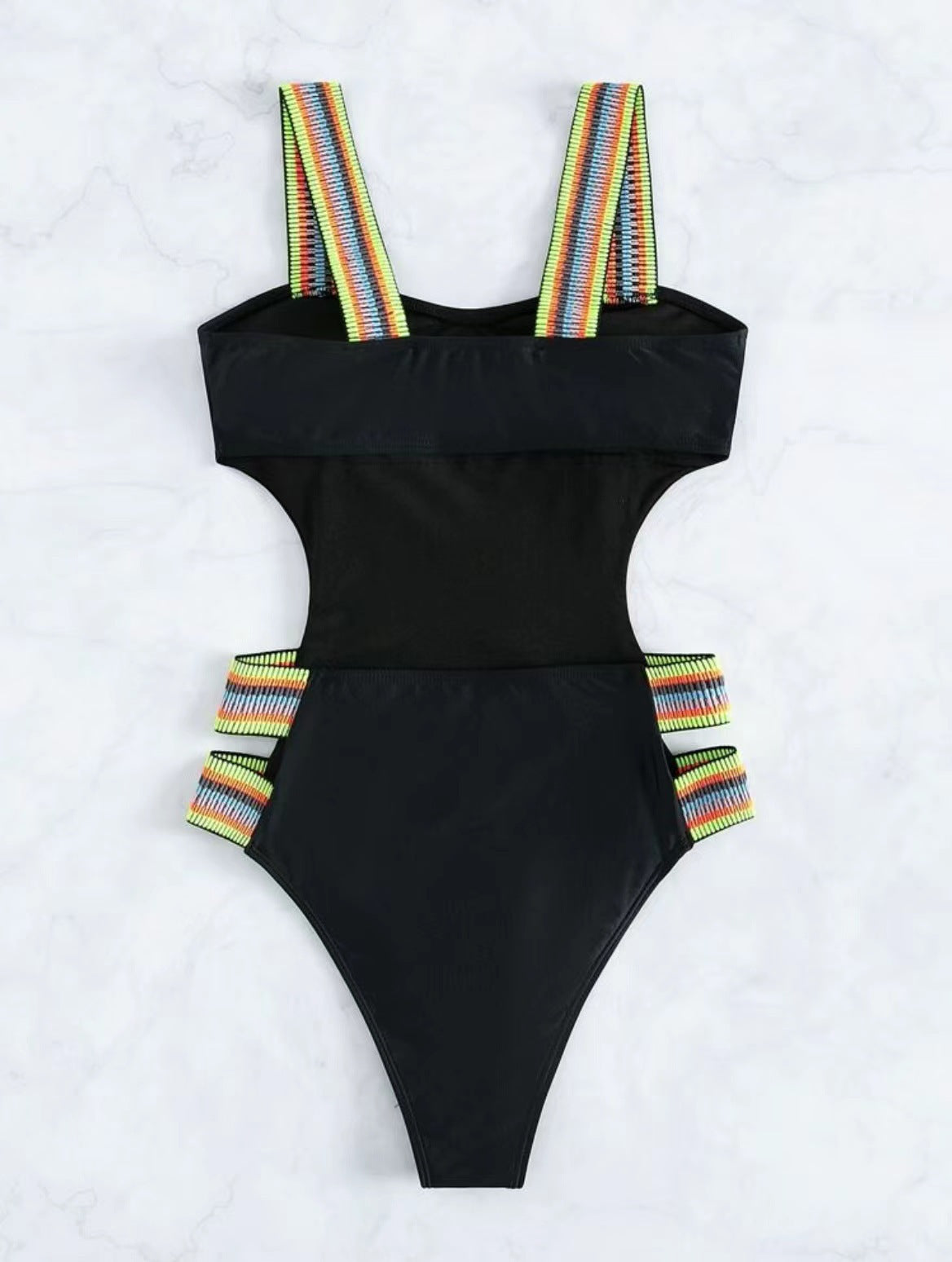 Women's One-Piece Swimsuit with Colorful Elastic Band - Black & Blue Solid Color Foreign Trade Swimwear