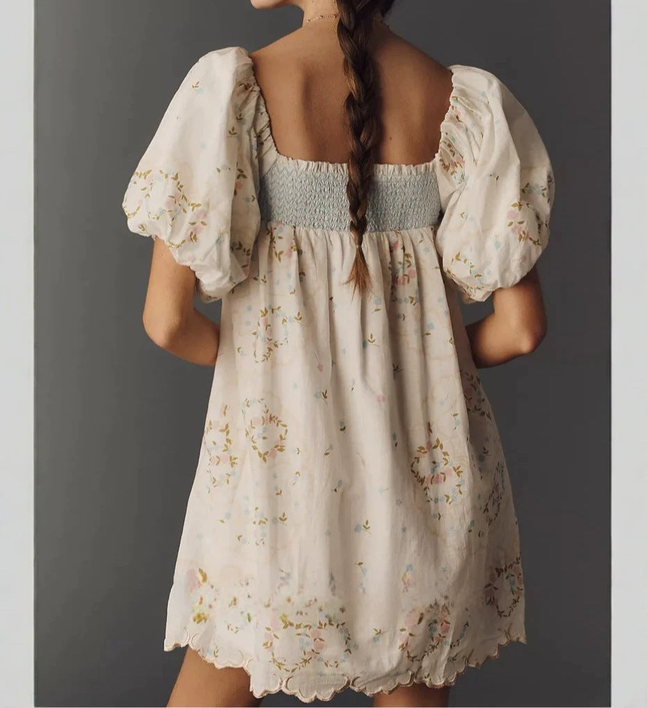 Women's Summer Lace-Trimmed Printed Puff Sleeve Dress with Low Neckline