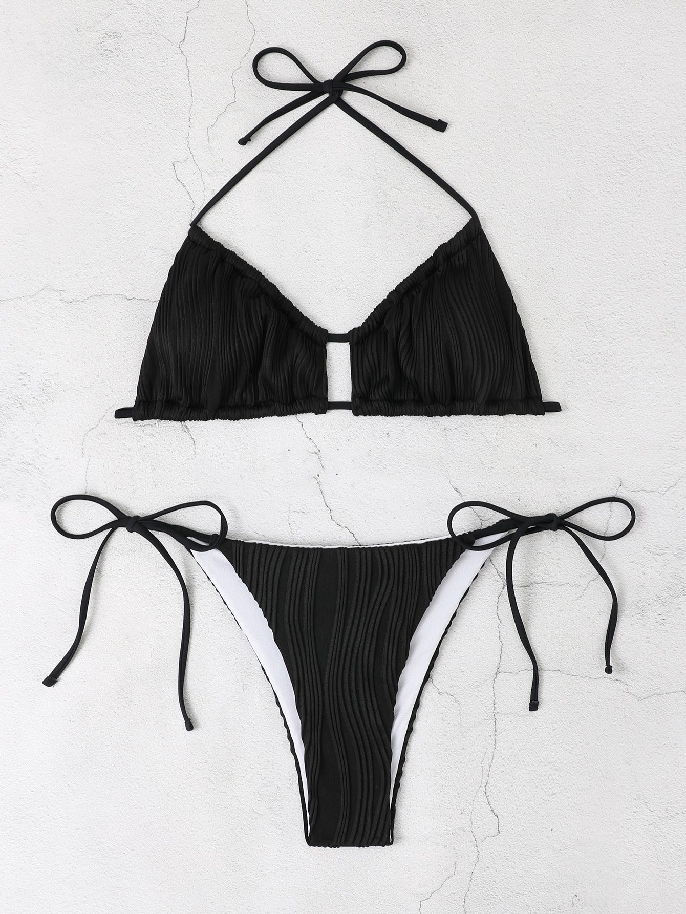 Solid Color Drawstring Lace-Up Halter Bikini Split Swimsuit