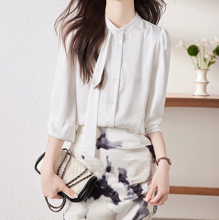 Ribbon Detail Women's Spring & Autumn Long-Sleeve Shirt - Elegant Blouse