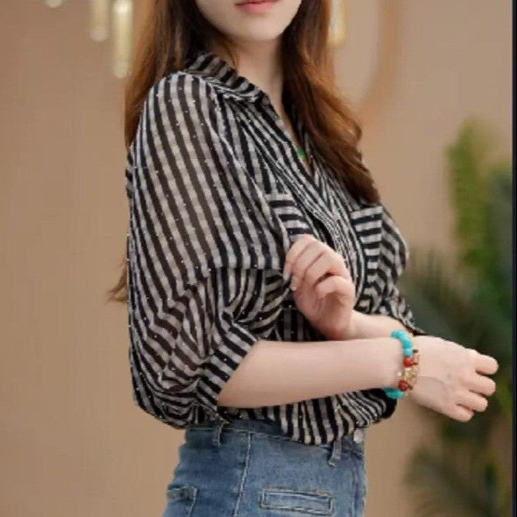 Women's Elegant Summer Chiffon Striped Thin Shirt Top