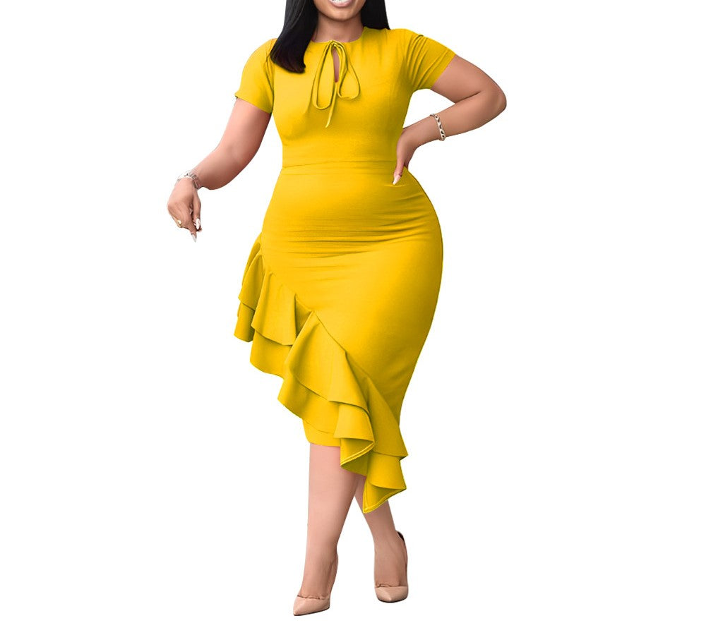 Plus Size Women's Casual Tie-Up Ruffle Hem Dress – Elegant & Comfortable Everyday Style