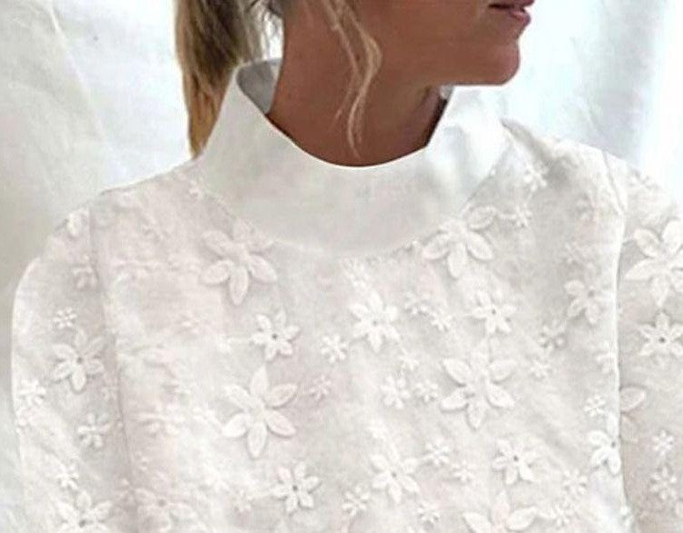 Women's Summer Embroidered Lace Half Turtleneck Pullover Elegant Blouse Top