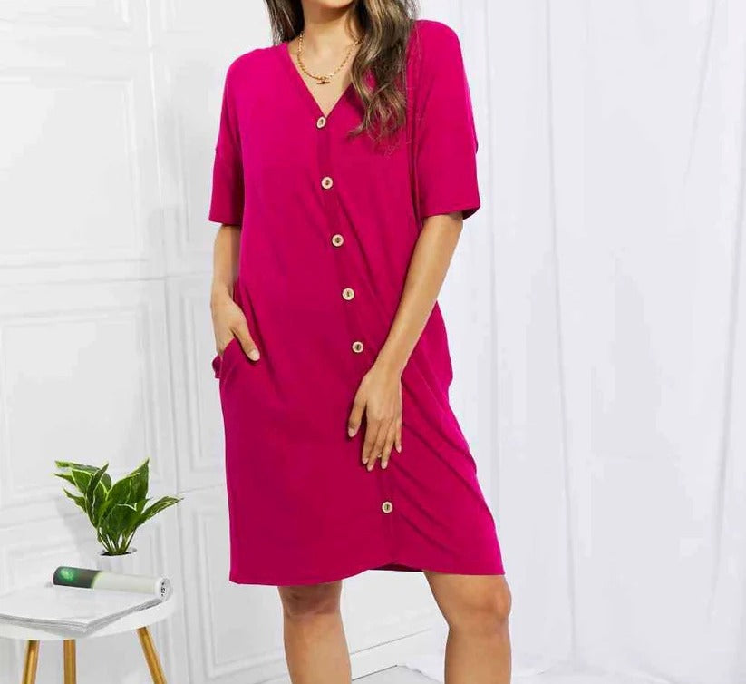 Women's BOMBOM Sunday Brunch Button Down Knee-Length Dress in Magenta