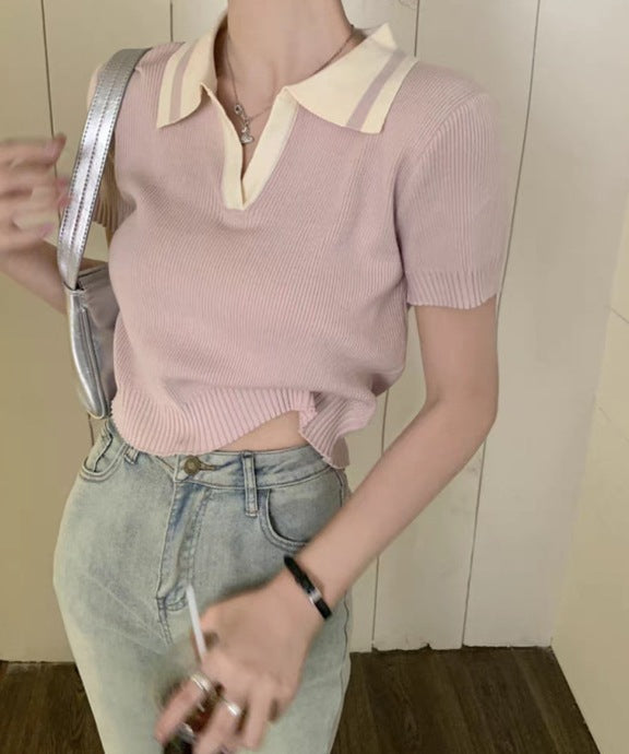 Color-Blocked Polo Collar Knitted Short-Sleeve T-Shirt for Women - Perfect for Summer