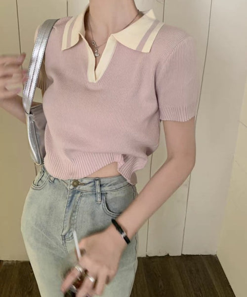 Color-Blocked Polo Collar Knitted Short-Sleeve T-Shirt for Women - Perfect for Summer