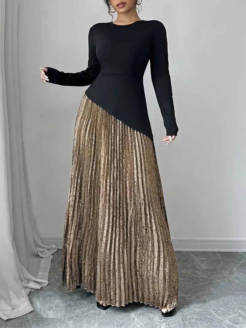 Women's Floor-Length Pleated Maxi Skirt with Large Hem, Elegant High-Waist Long Skirt