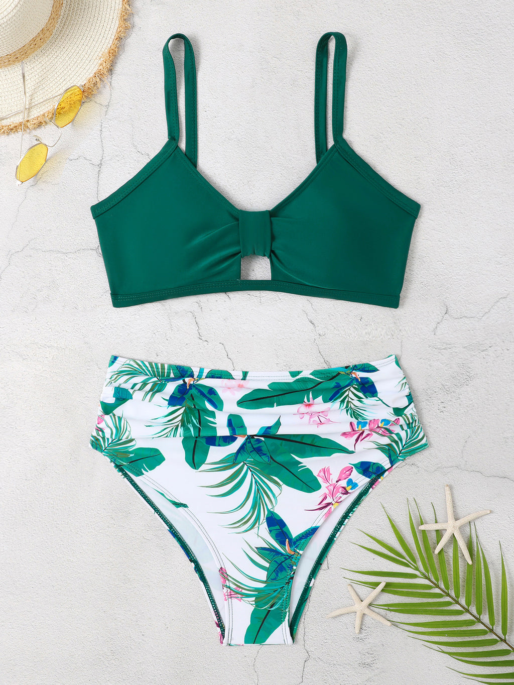 High-Waist Split Bikini Swimsuit - Digital Print Chest Design