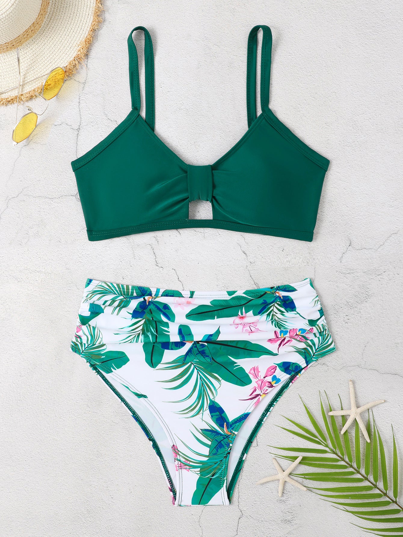 High-Waist Split Bikini Swimsuit - Digital Print Chest Design