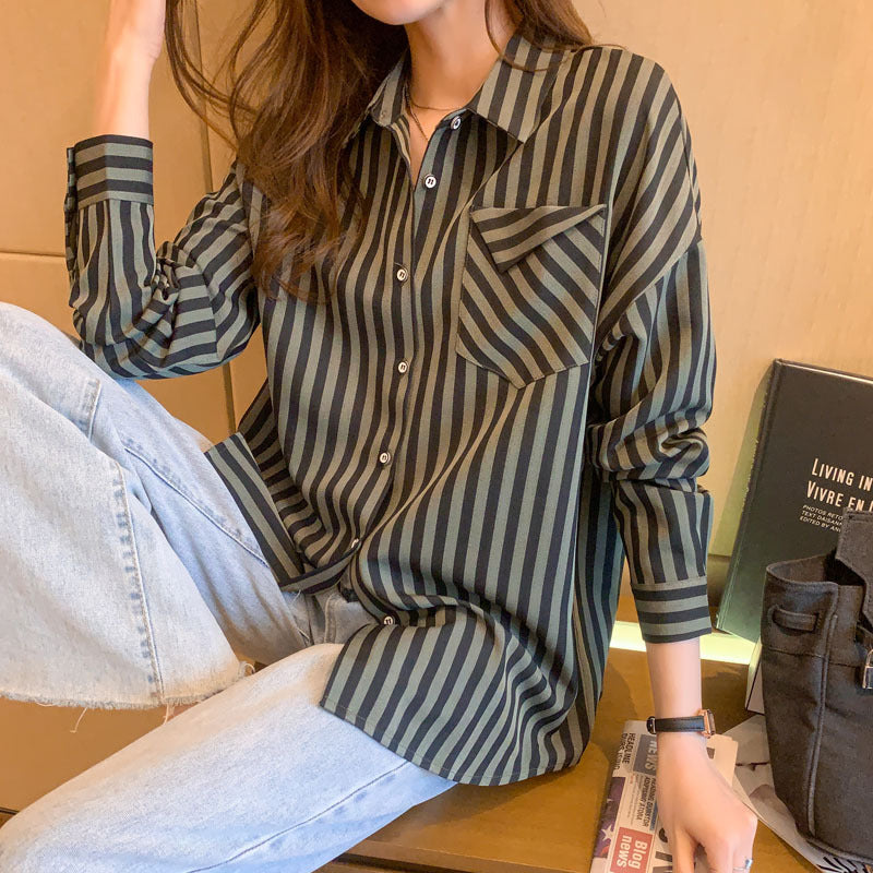 Lightweight Chiffon Lapel Blouse for Women - Spring & Fall Striped Cardigan Shirt