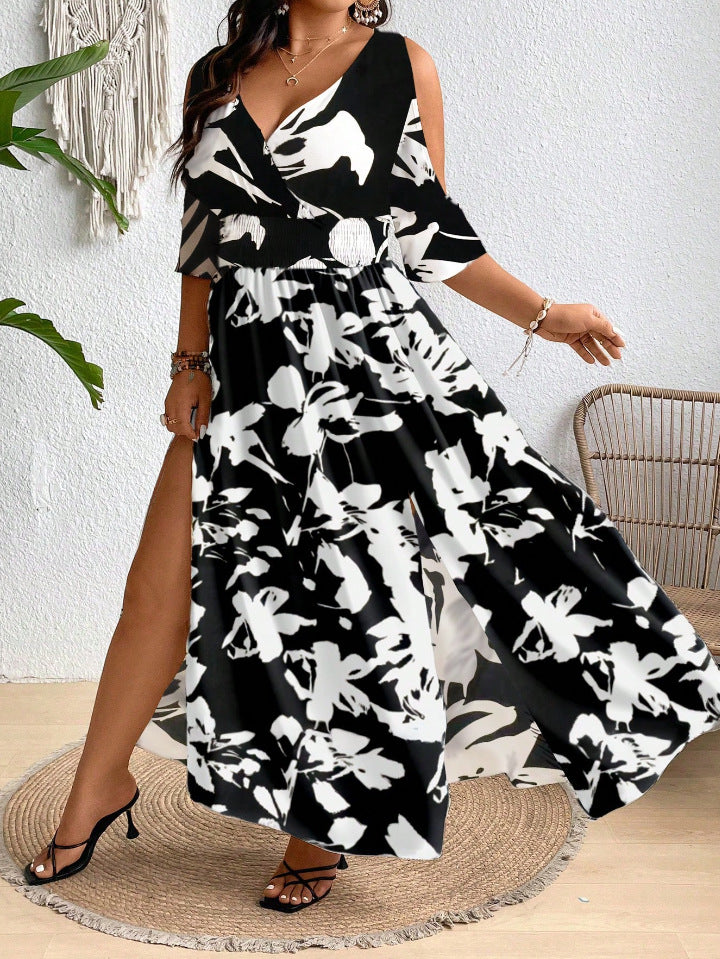 Women's Plus Size Off-Shoulder Tropical Print Maxi Dress with Thigh Slit, Waist-Defining Long Summer Vacation Dress