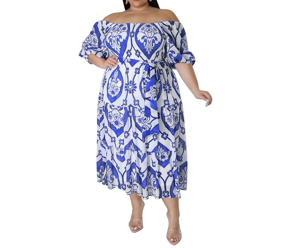 Summer New Style Printed Short-Sleeved Lace-Up Pleated High Waist Plus Size Dress