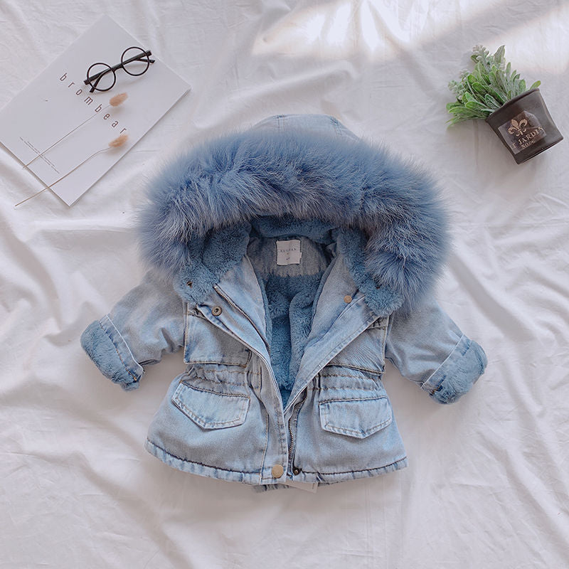 Girls’ Thickened Cotton-Padded Denim Jacket – Warm Fleece-Lined Winter Coat for Toddlers & Kids - RAC25JP3302BATOW
