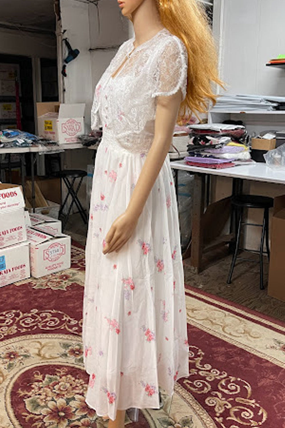 Women Fantastic Lace Crafted Top Attached Printed Pattern Round Neck Short Sleeve Fabulous Swing Dress