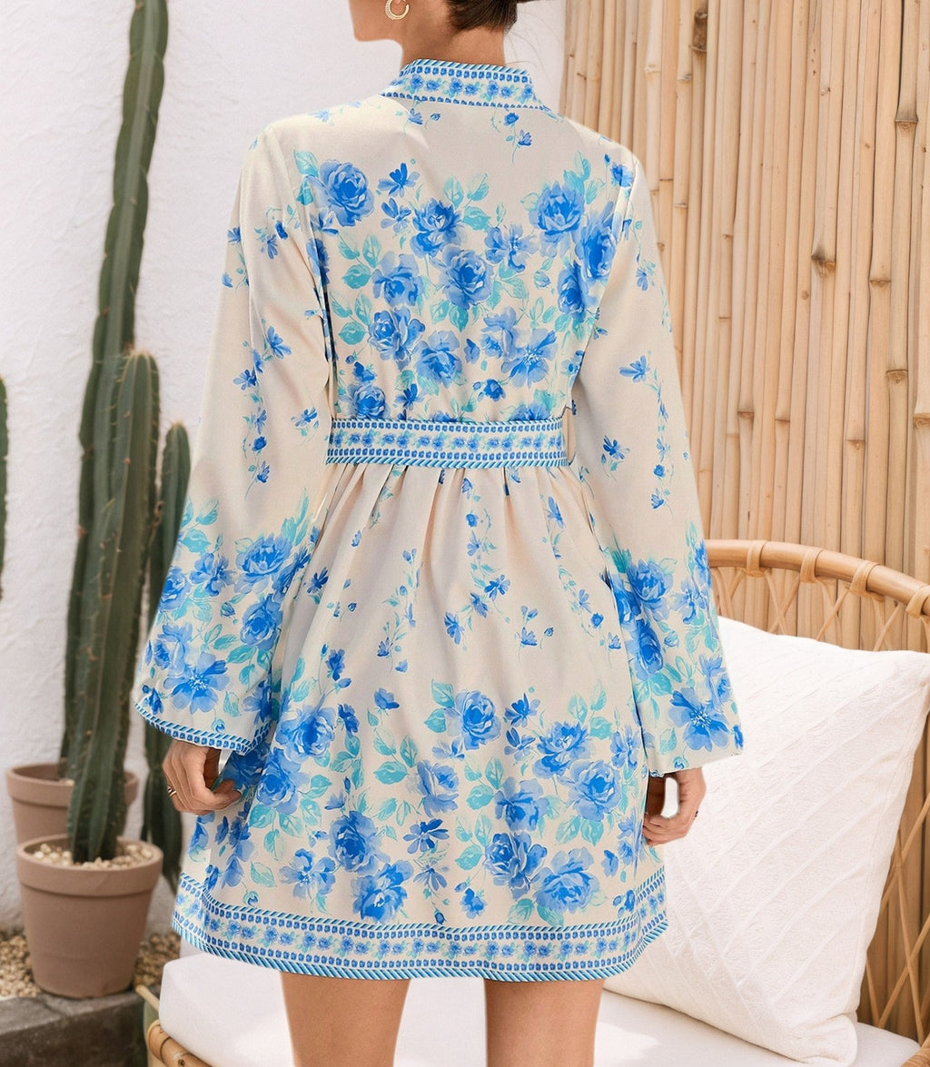 Women's V-Neck Floral Print Long Sleeve Belted Lantern Sleeve Midi Dress
