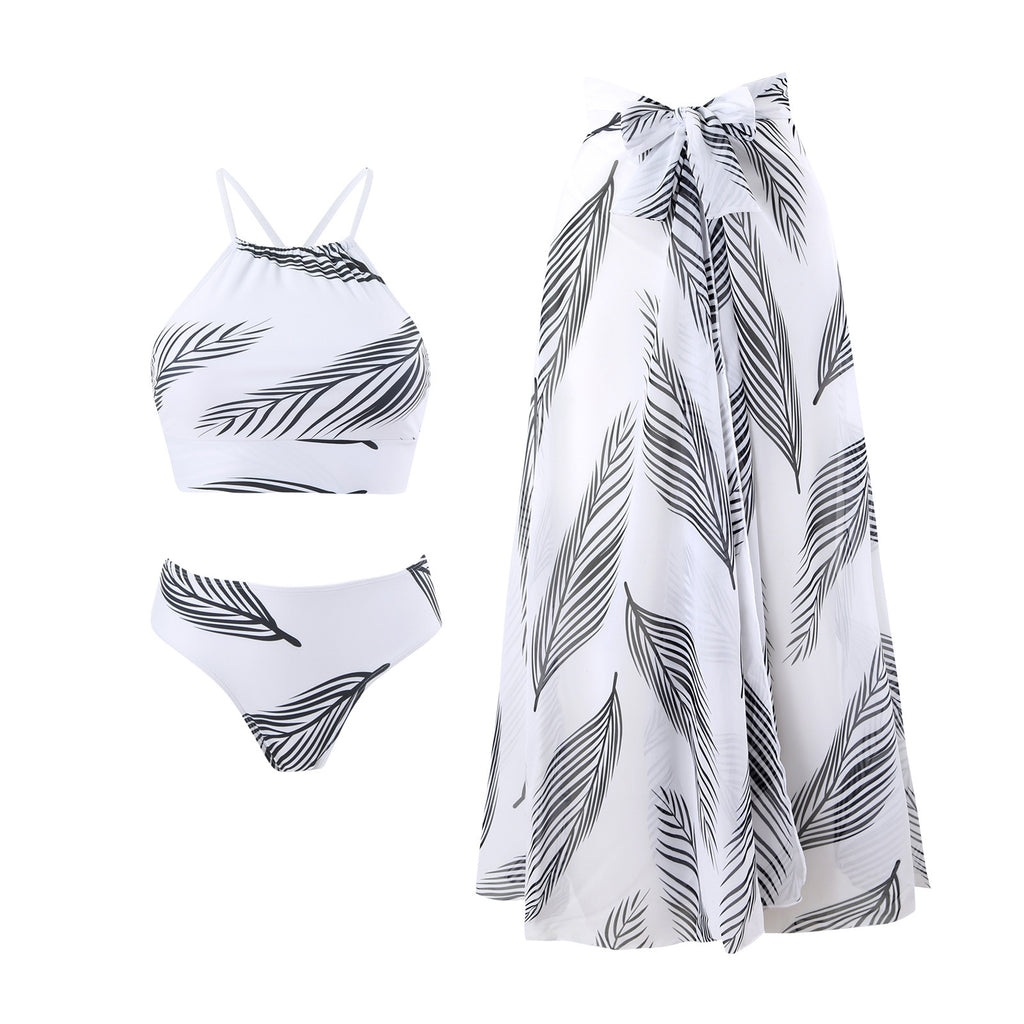 Three-Piece Skirt-Style Sunscreen Swimsuit with Feather Print - Women's Swimsuit