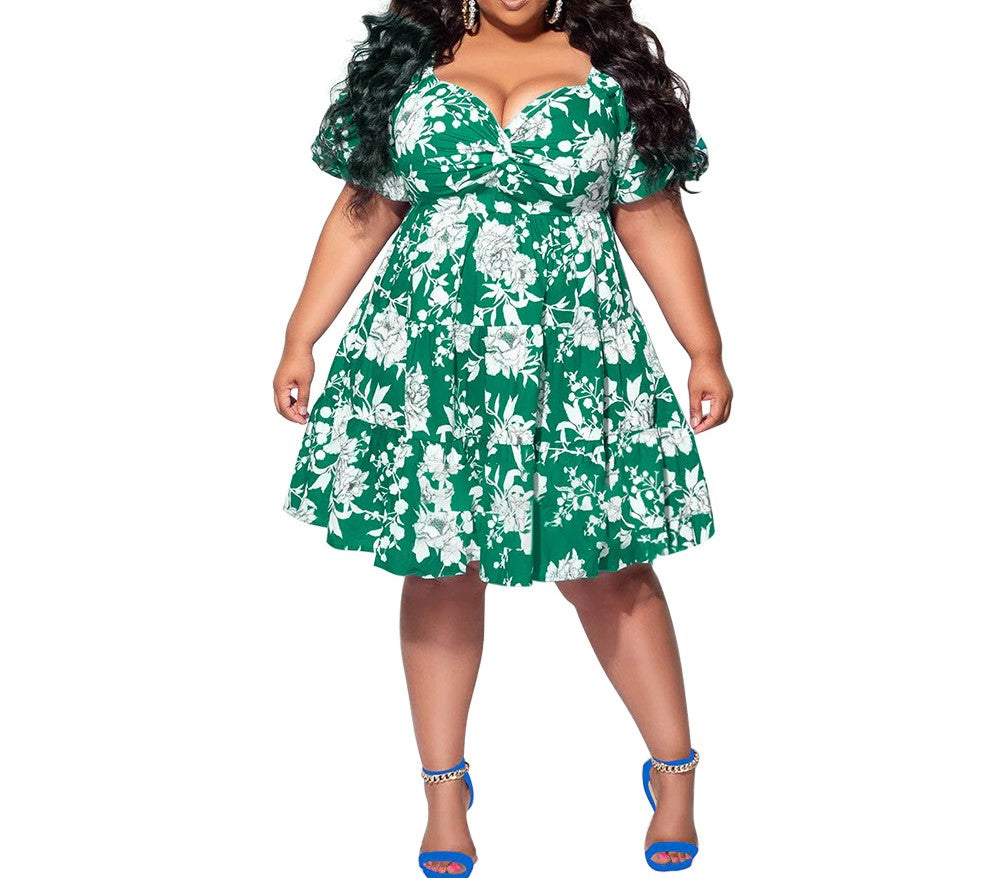 Summer New Plus Size Women's Printed V-Neck Midi Dress – Casual Fashion Skirt
