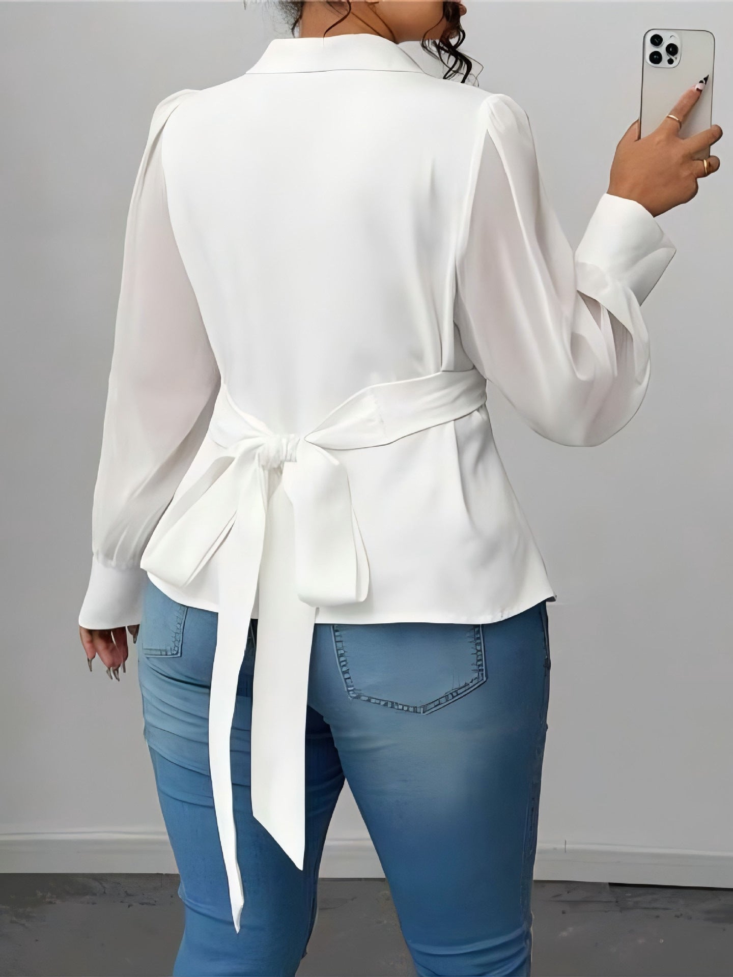 Women's White Long-Sleeved Waist-Defined Plus Size Casual Blouse