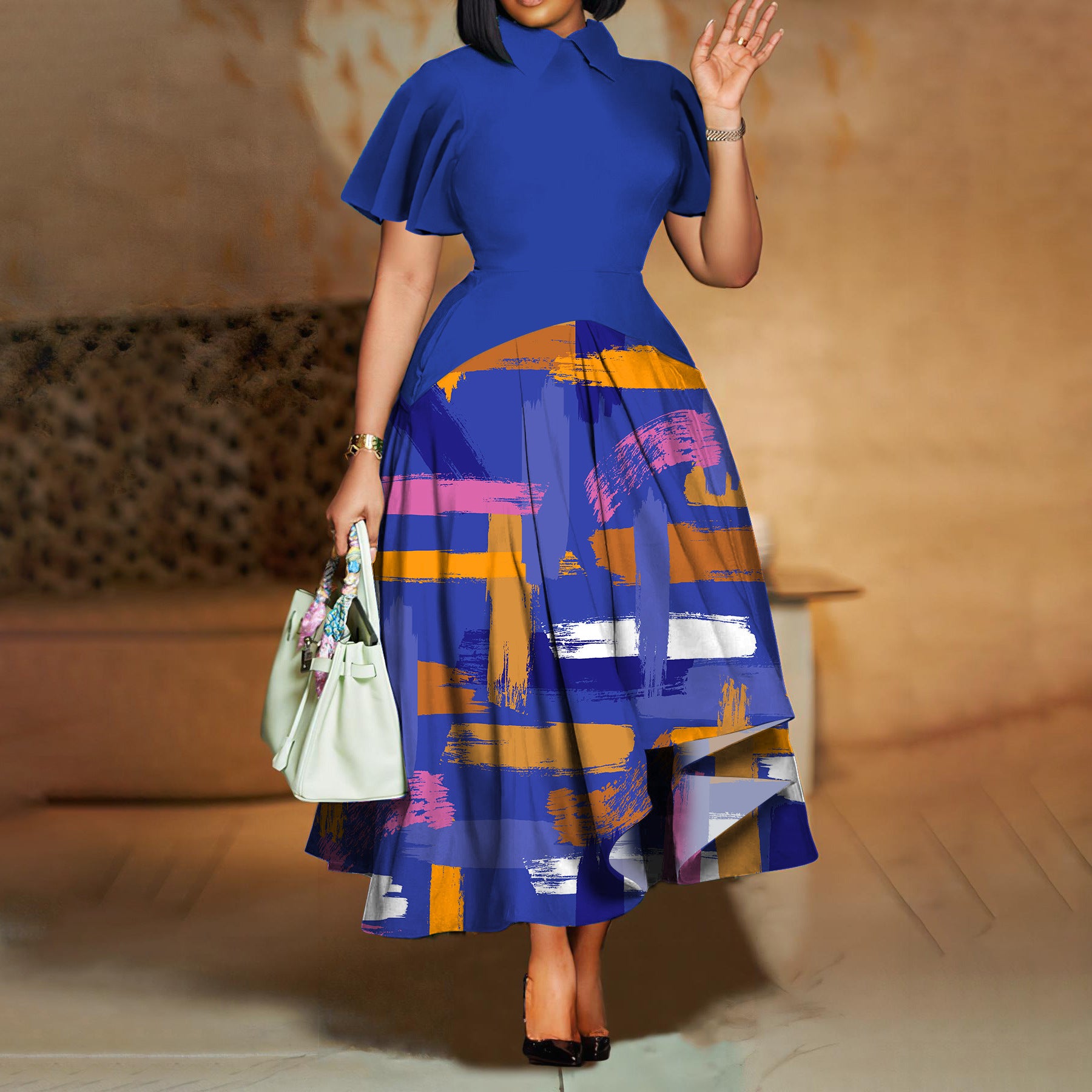 Women’s Summer Fashion Lapel Ruffle Sleeve Dress – Elegant Full Skirt African Print Plus Size Dress – Chic Temperament Casual &