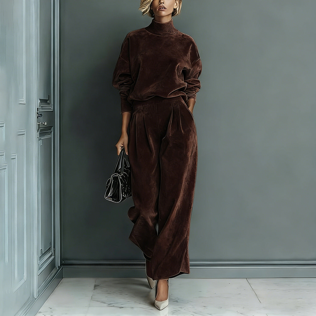 Women's Knit Long-Sleeve Top and Wide-Leg Pants Two-Piece Lounge Set