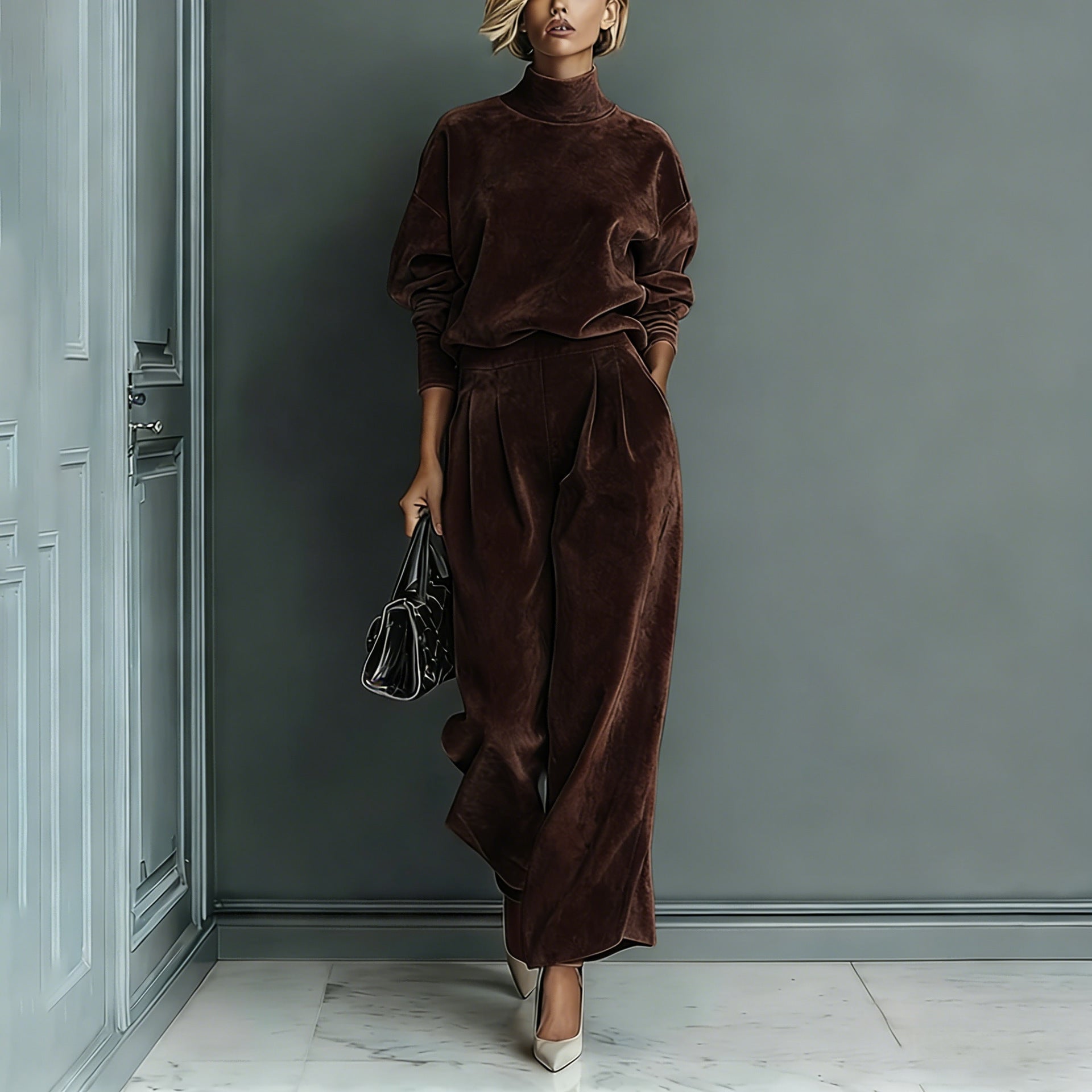 Women's Knit Long-Sleeve Top and Wide-Leg Pants Two-Piece Lounge Set