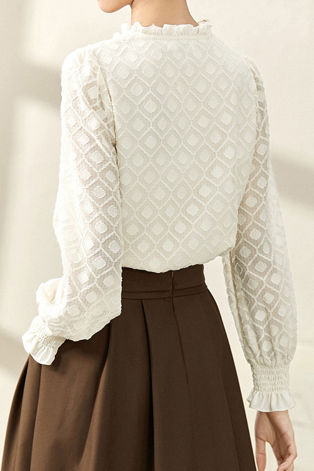 Women Ruffled V-Neck Puff Sleeve Chiffon Blouse Spring Long-Sleeved Shirt