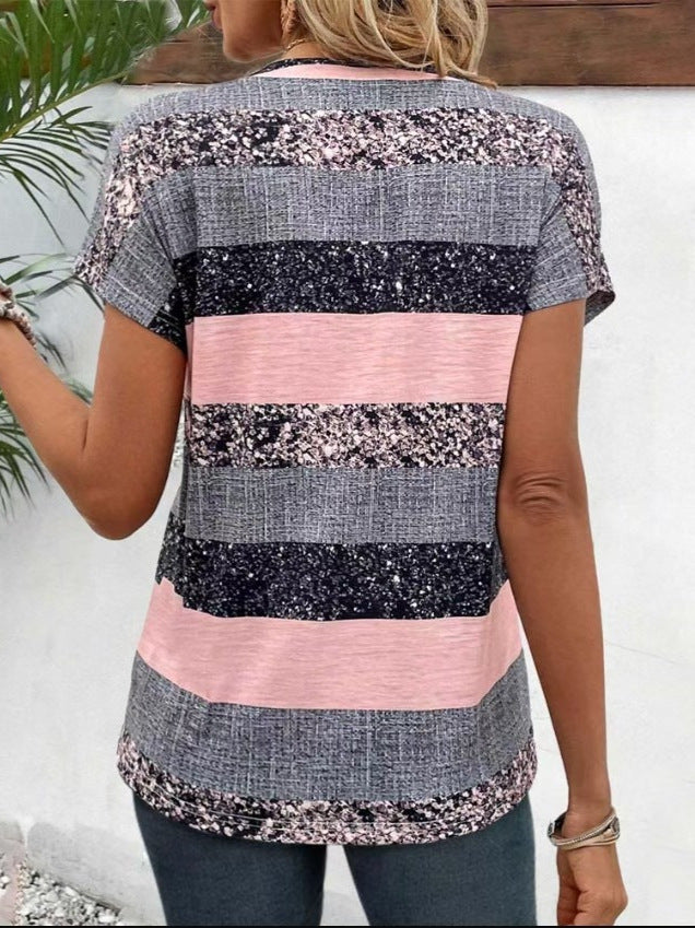 Summer New Elegant V Neck Short-Sleeved Color-Matching Versatile T-Shirt Top for Women