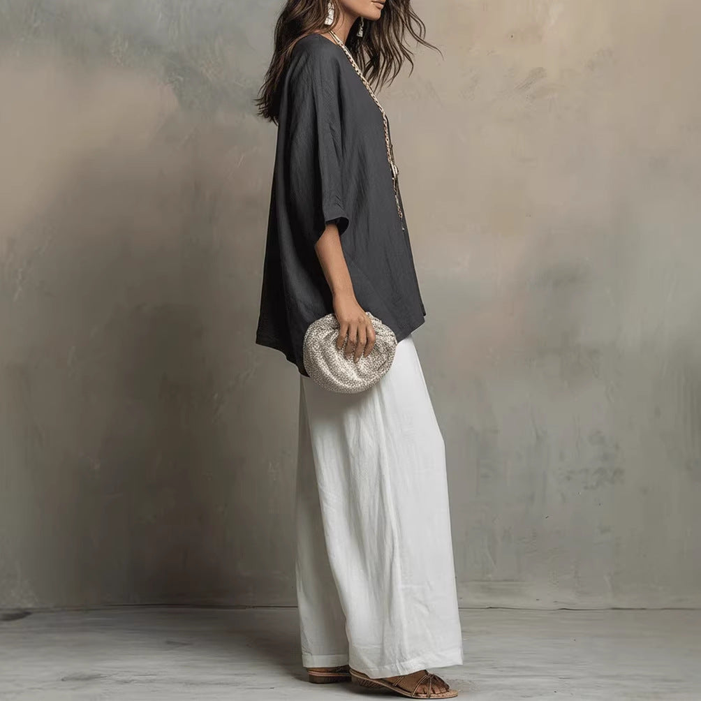 Women's Solid Color Half Sleeve Casual Two-Piece Top and Pants Set