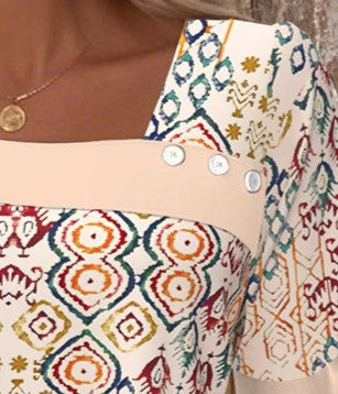 Women's Elegant Slant Collar Printed Button Detail Short Sleeve T-Shirt Top