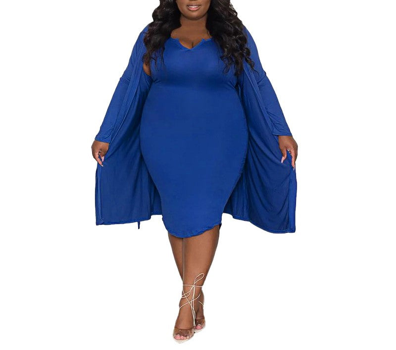 Women’s Plus Size Two-Piece Set – Long-Sleeved Shrug & Tube Top Bodycon Dress – Casual & Stylish Outfit
