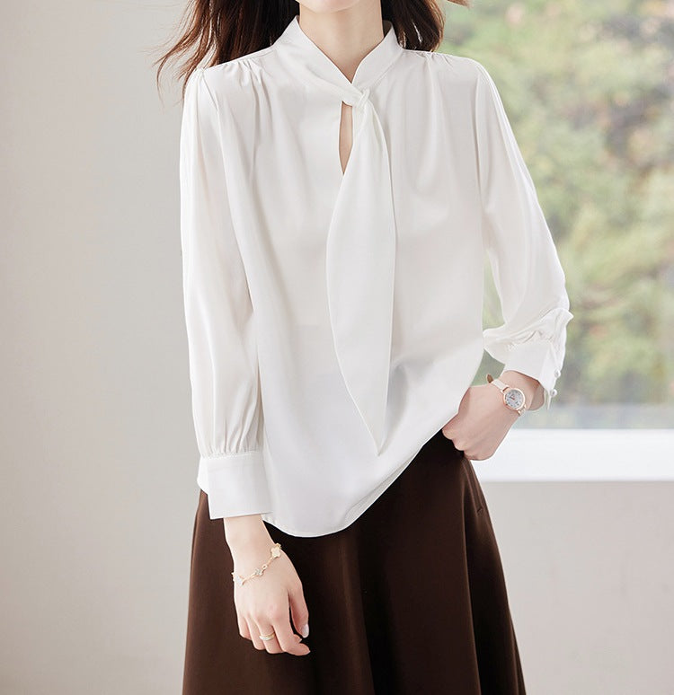 Women's Red Long Sleeve Ribbon Side Shirt - Spring Fashion Blouse