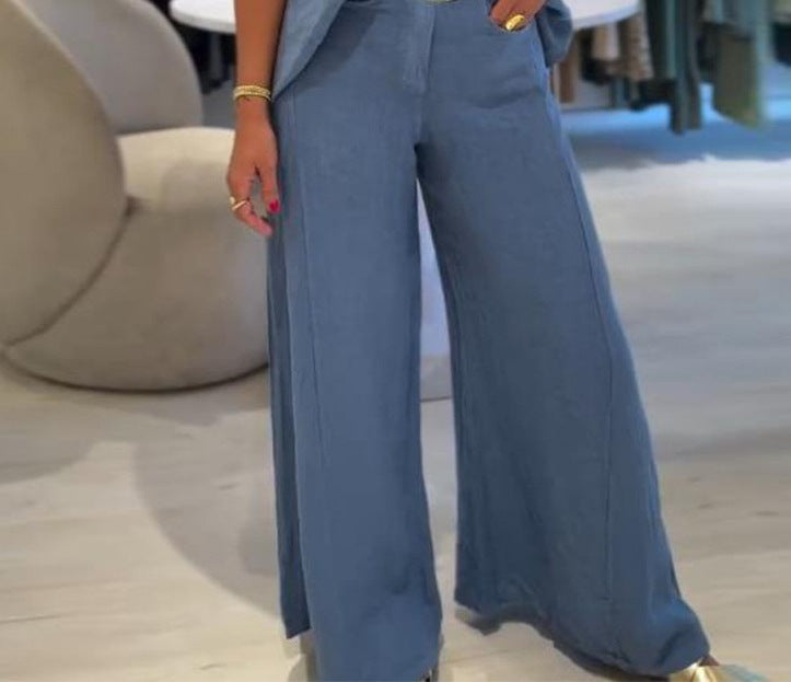 Women’s Casual Crew Neck Top and Wide Leg Pants Set – Relaxed Two-Piece Outfit