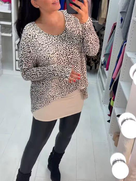 Women's Summer Round Neck Leopard Print Long Sleeve Layered Look Casual Fashion Top