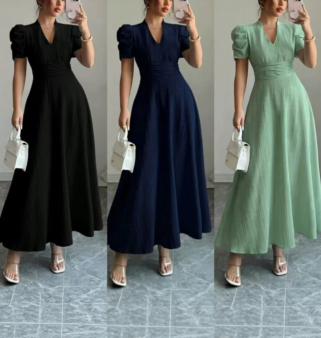 Women's French Style Puff Sleeve Maxi Dress with Fitted Waist, Square Neck, Lightweight Summer Long Dress