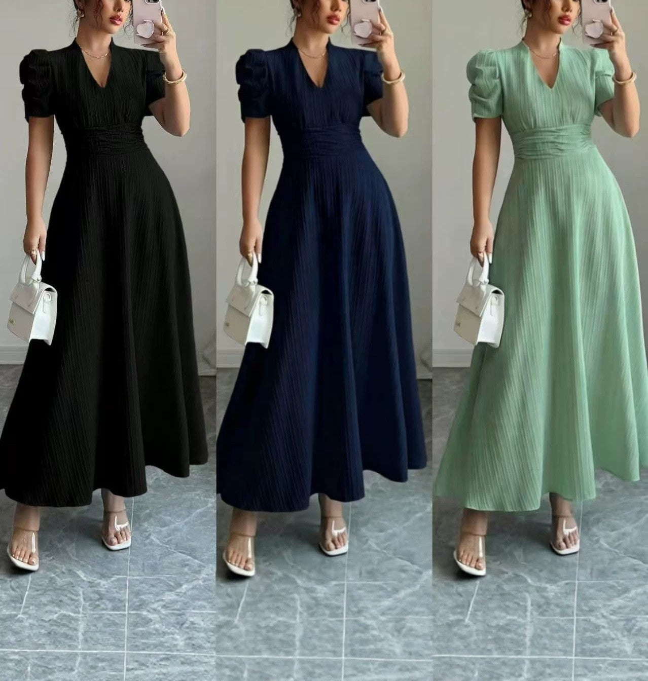 Women's French Style Puff Sleeve Maxi Dress with Fitted Waist, Square Neck, Lightweight Summer Long Dress