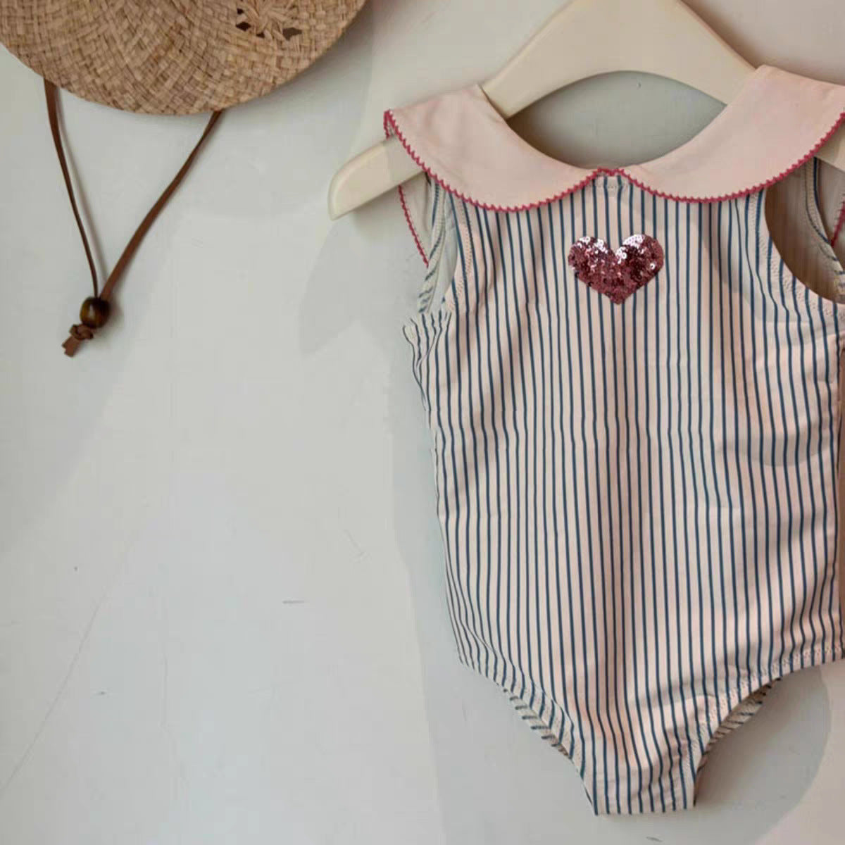 Summer Baby Girls’ Striped Heart Doll Collar One-Piece Swimwear Set - RAC26JP5463BATSW