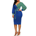Women Wrap Neck Tie Waist Color Contrast Dress