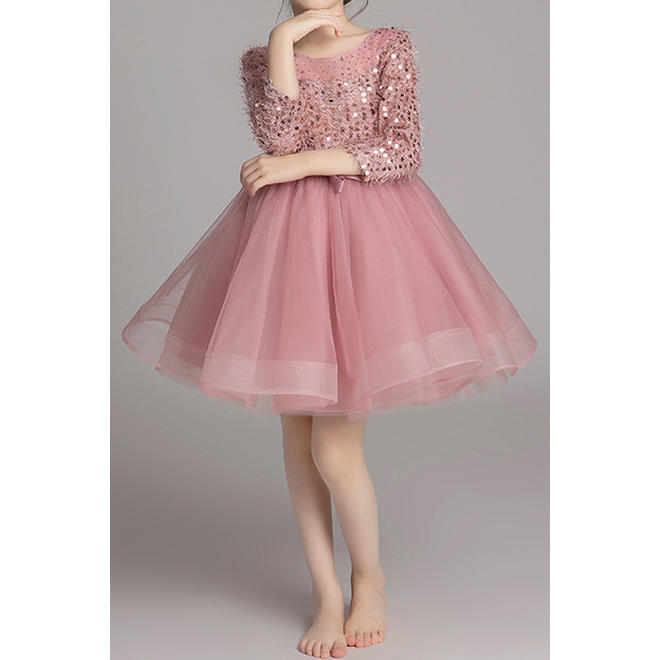 Kids Girls Beautiful Sequin Decorated Round Neck Long Sleeve Charming Frock Style Princess Dress