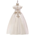 Kids Girls Embroidered Lace Pattern Round Neck Sleeveless Bow Attatched Long Length Fancy Dress