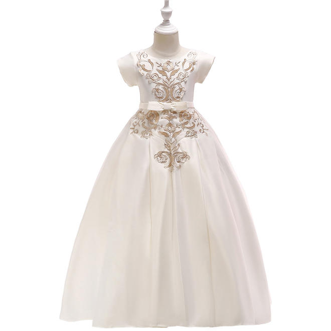 Kids Girls Embroidered Lace Pattern Round Neck Sleeveless Bow Attatched Long Length Fancy Dress