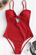 Women One Piece Bow Knotted Solid Pattern Strap Neck Easy Swimwear