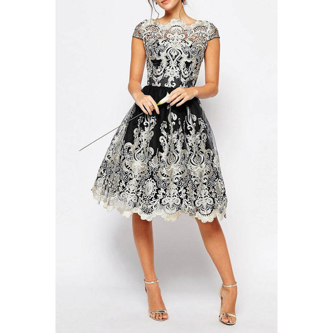 Women Short Sleeve Embroided Swing Dress