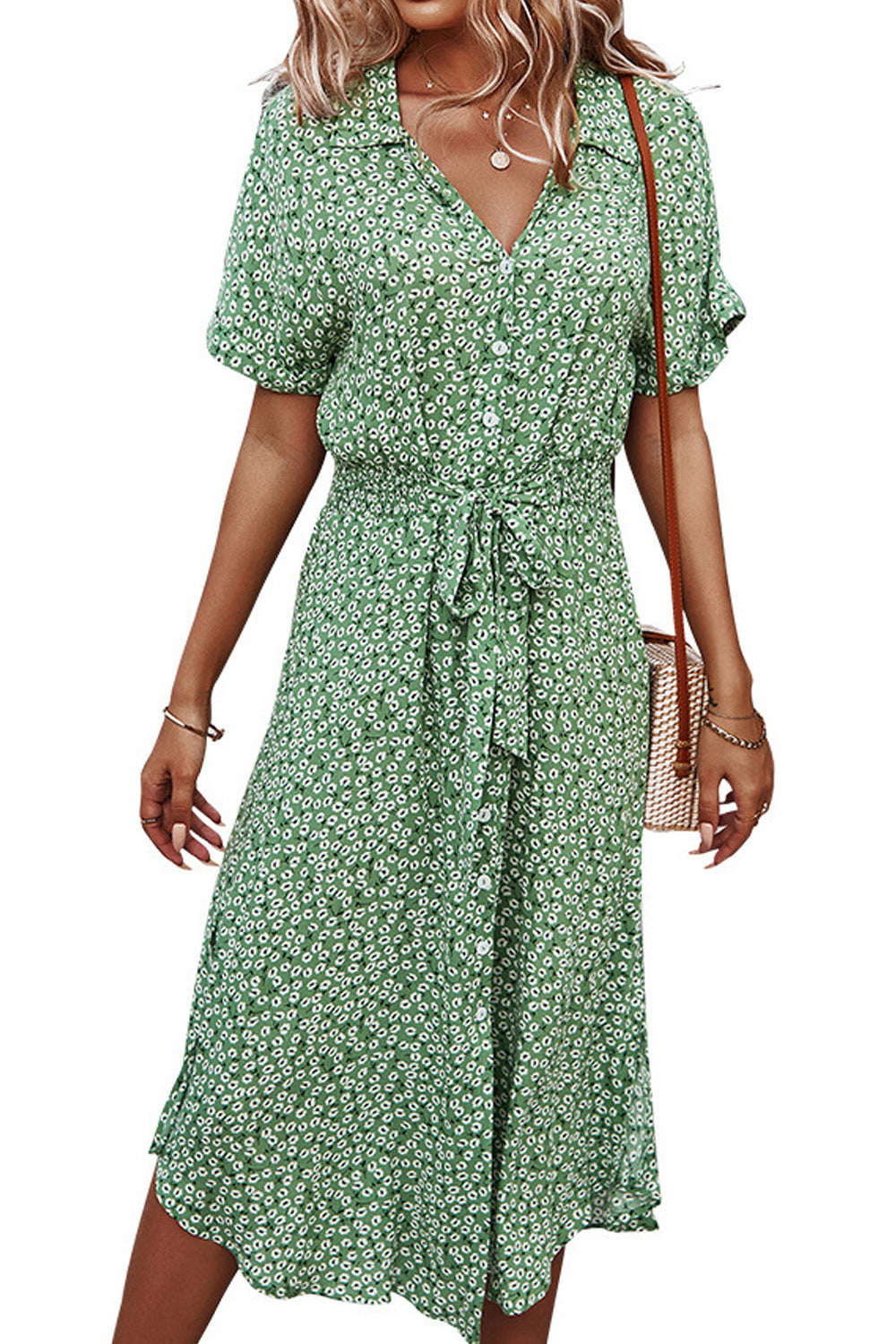 Women Collar Neck Floral Pattern Short Sleeve Mid Length Thin Summer Dress