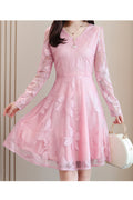 Women Thin Long Sleeve A-Line Short Skirt Lace Pattern Tremendous Dress