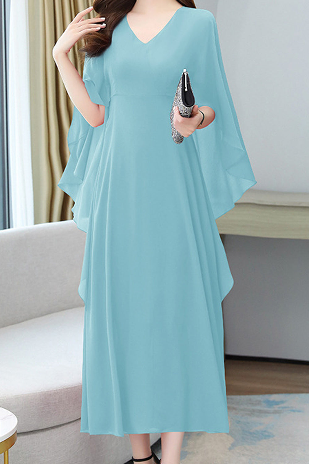 Women Solid Color V-Neck Mid Length Thin Fashionable Loose Dress