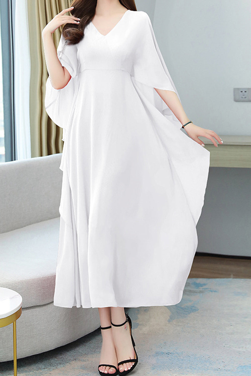 Women Solid Color V-Neck Mid Length Thin Fashionable Loose Dress