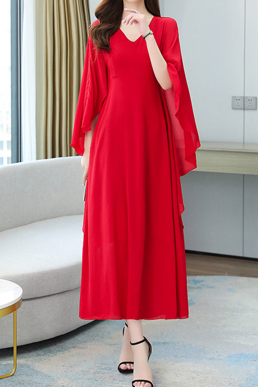 Women Solid Color V-Neck Mid Length Thin Fashionable Loose Dress