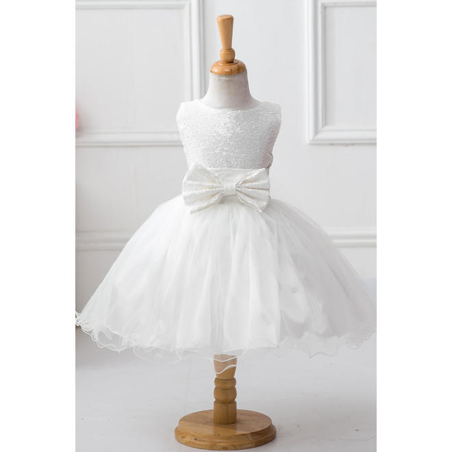 Kids Girls Puffy Short Sleeve Round Neck Lace Decorated Bow Attatched Evening Party Dress