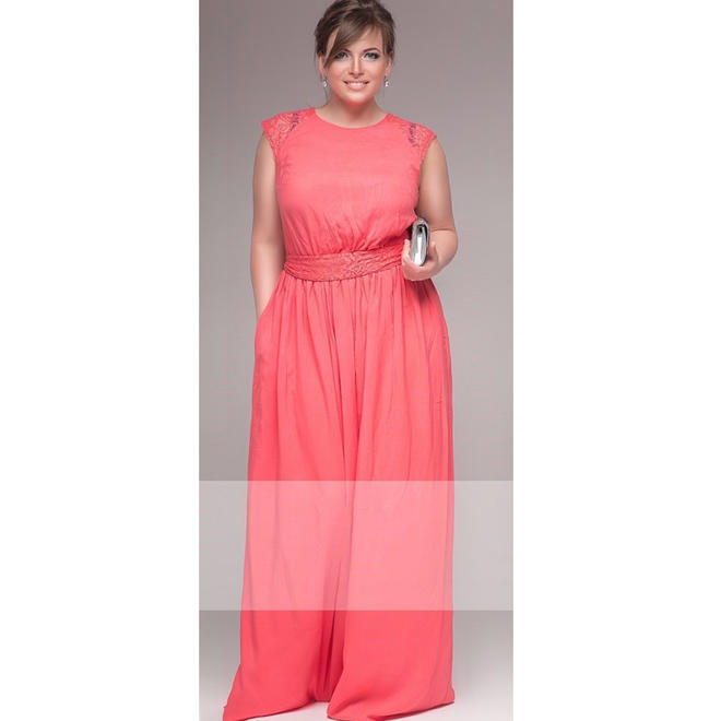 Women Plus Size Lace Belt Fastening Long Loose Gown Pink